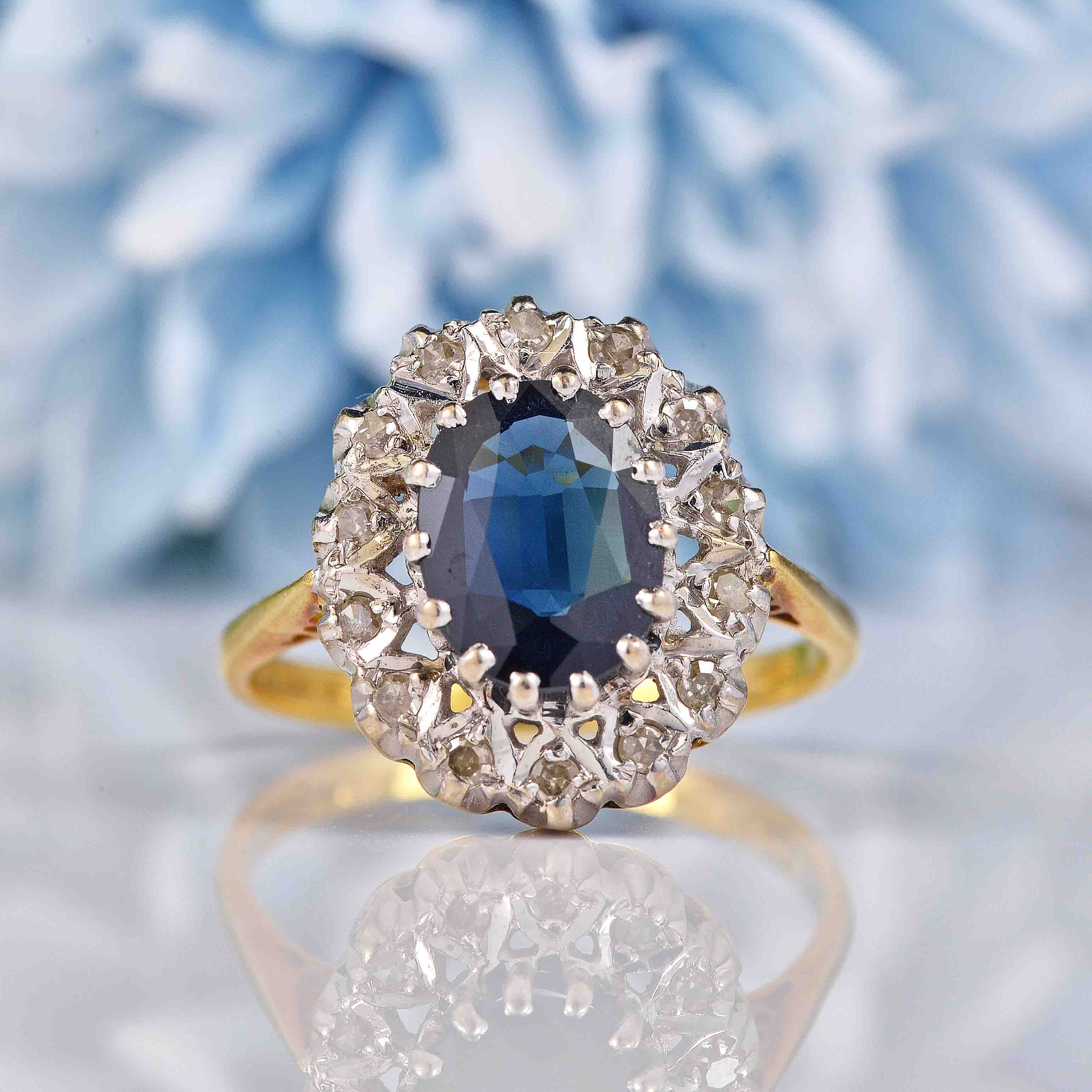 Ellibelle Jewellery Vintage 1975 Sapphire & Diamond 18ct Gold Cluster Engagement Ring