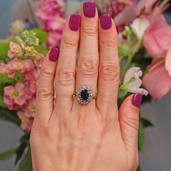 Ellibelle Jewellery Vintage 1975 Sapphire & Diamond 18ct Gold Cluster Engagement Ring