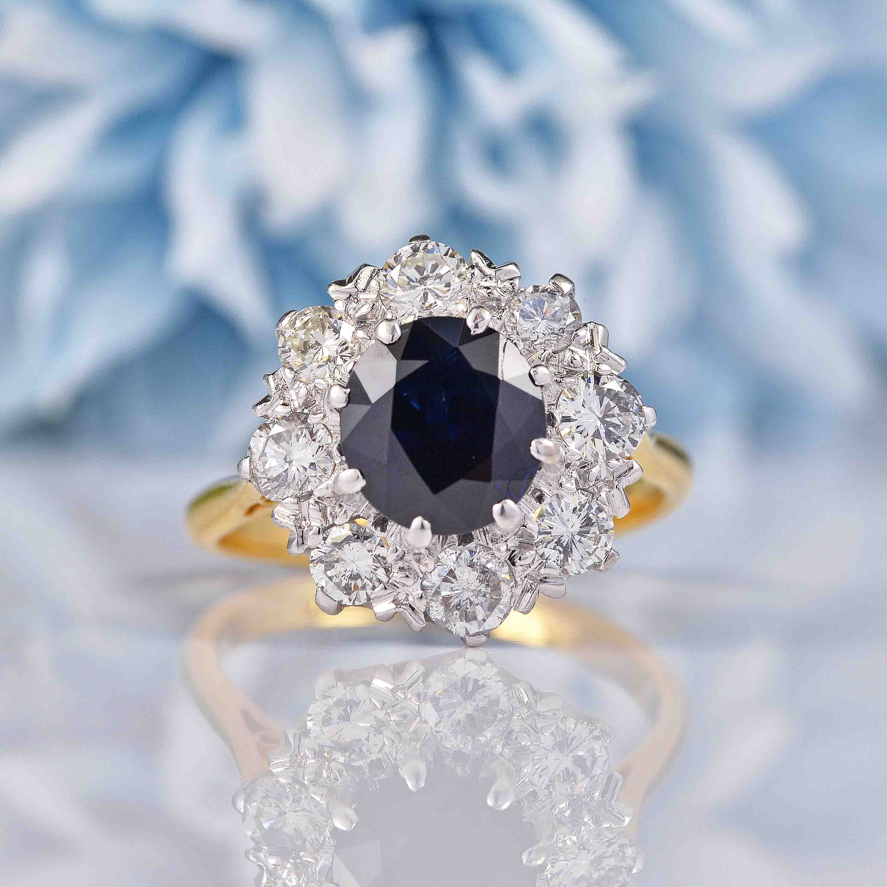 Ellibelle Jewellery Vintage 1975 Sapphire & Diamond 18ct Gold Cluster Engagement Ring