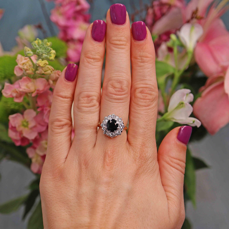 Ellibelle Jewellery Vintage 1975 Sapphire & Diamond 18ct Gold Cluster Engagement Ring