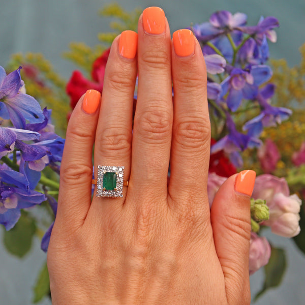 Ellibelle Jewellery Vintage 1976 Natural Emerald & Diamond 18ct Gold Panel Ring