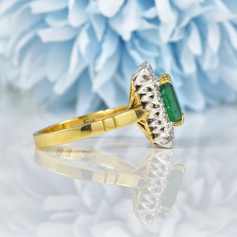 Ellibelle Jewellery Vintage 1976 Natural Emerald & Diamond 18ct Gold Panel Ring