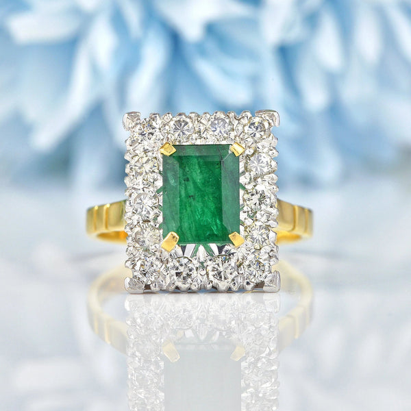 Ellibelle Jewellery Vintage 1976 Natural Emerald & Diamond 18ct Gold Panel Ring