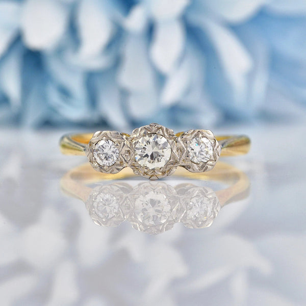 Ellibelle Jewellery Vintage 1977 Diamond 18ct Gold & Platinum Three Stone Ring