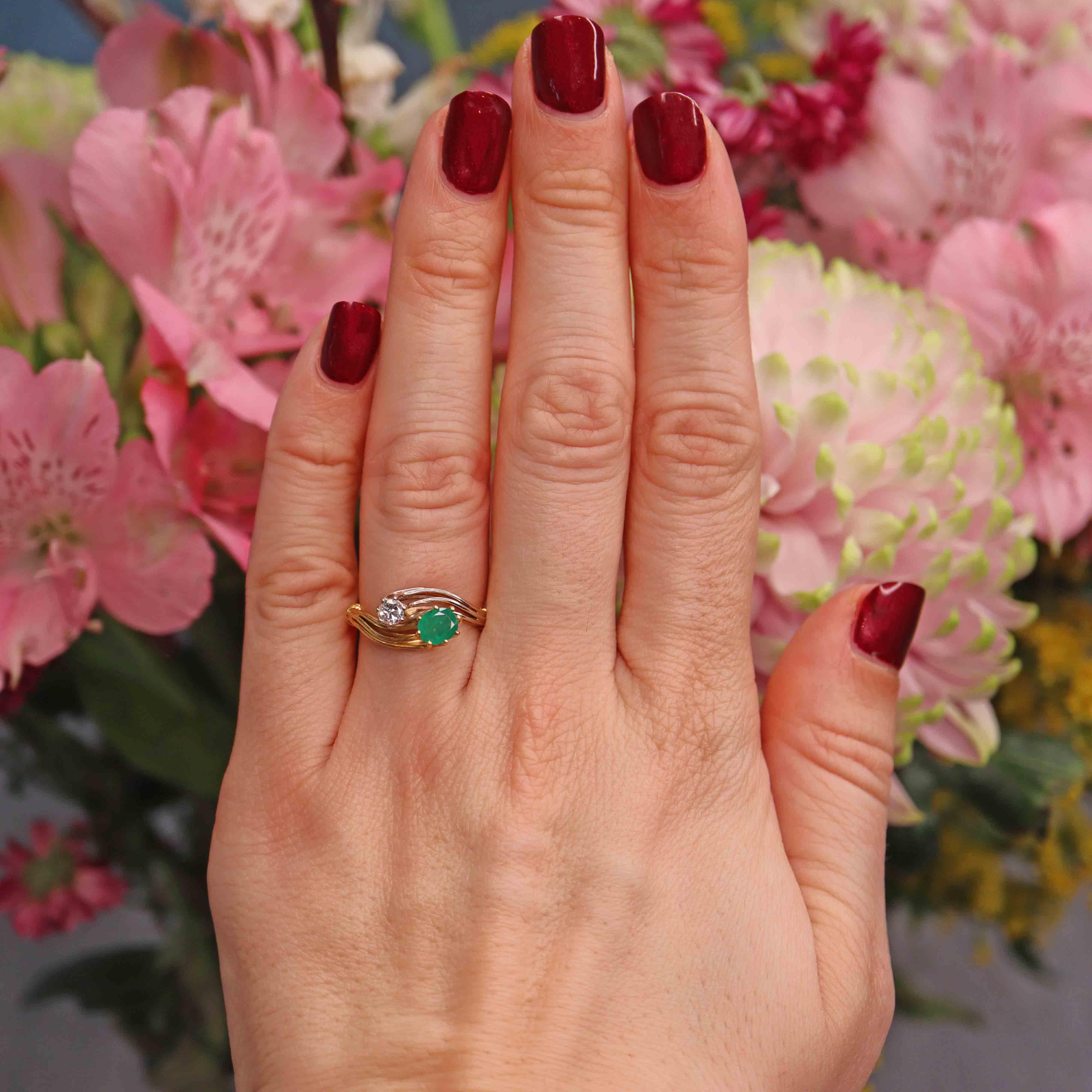 Ellibelle Jewellery Vintage 1977 Emerald & Diamond 18ct Gold Toi et Moi Engagement Ring