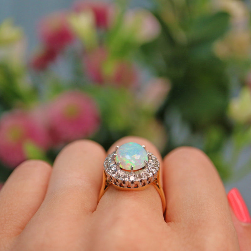 Ellibelle Jewellery Vintage 1977 Natural Opal & Diamond 18ct Gold Oval Cluster Ring