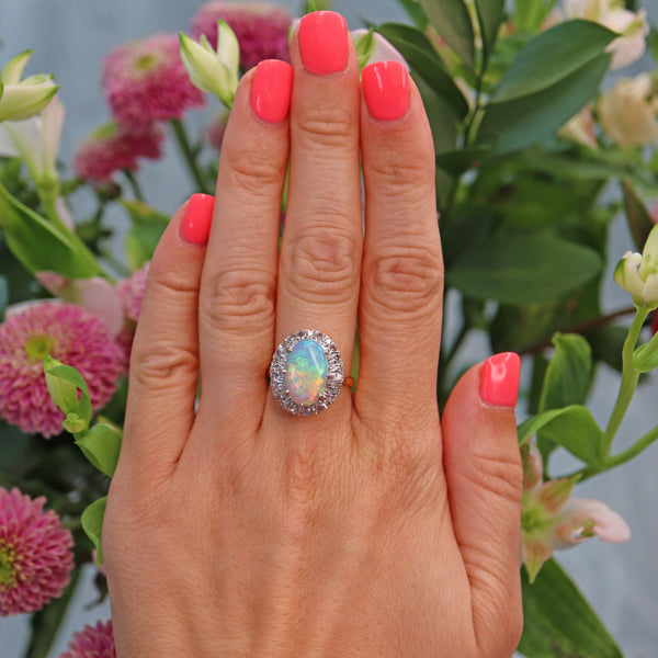 Ellibelle Jewellery Vintage 1977 Natural Opal & Diamond 18ct Gold Oval Cluster Ring