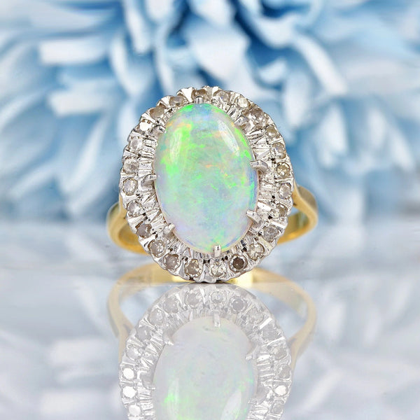 Ellibelle Jewellery Vintage 1977 Natural Opal & Diamond 18ct Gold Oval Cluster Ring