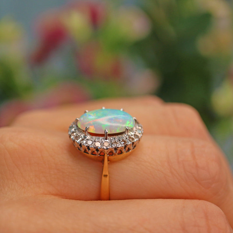 Ellibelle Jewellery Vintage 1977 Natural Opal & Diamond 18ct Gold Oval Cluster Ring
