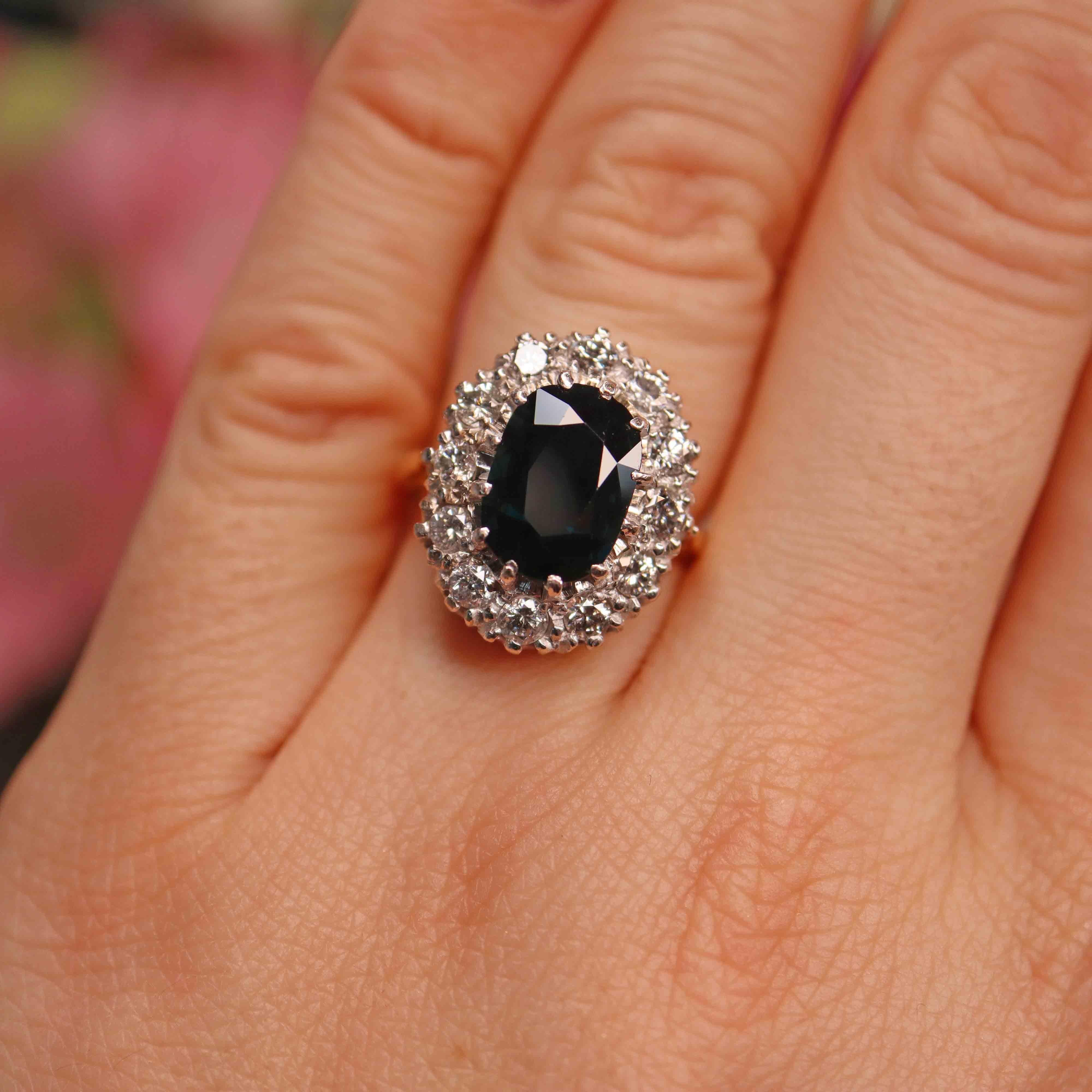 Ellibelle Jewellery Vintage 1977 Natural Sapphire & Diamond Cluster Engagement Ring