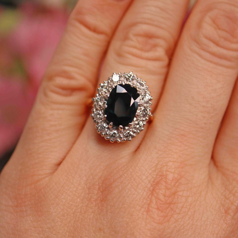 Ellibelle Jewellery Vintage 1977 Natural Sapphire & Diamond Cluster Engagement Ring