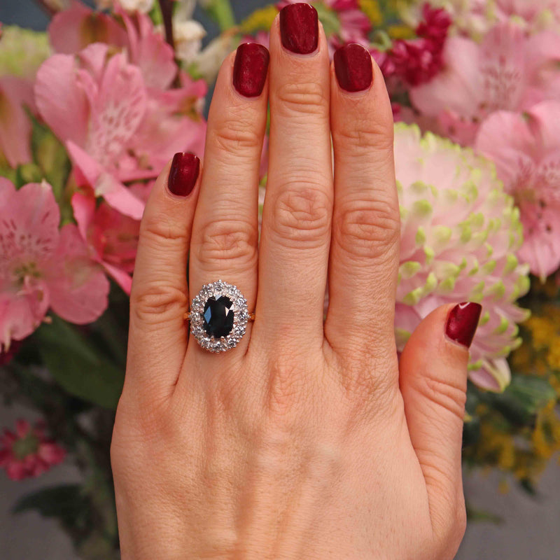 Ellibelle Jewellery Vintage 1977 Natural Sapphire & Diamond Cluster Engagement Ring