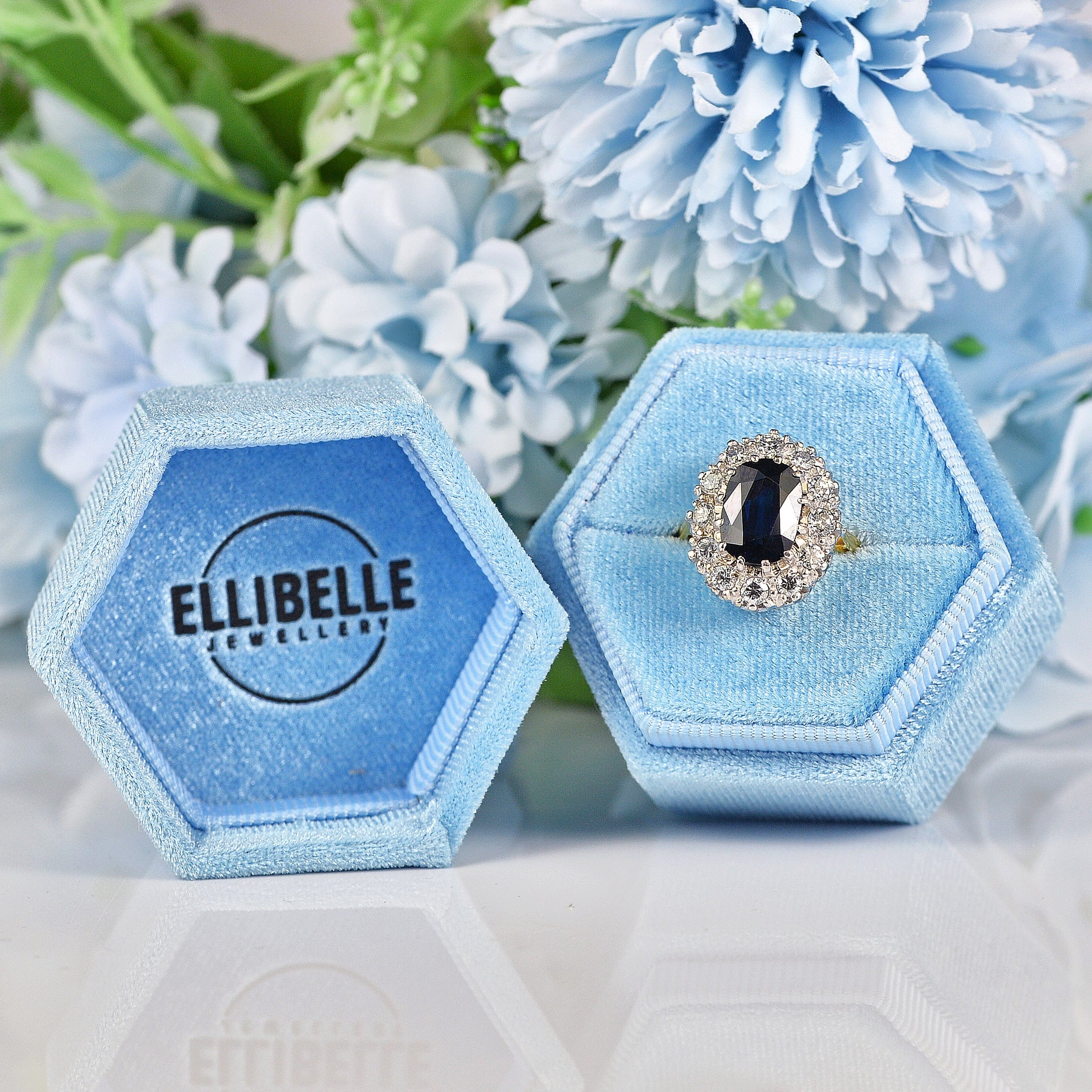 Ellibelle Jewellery Vintage 1977 Natural Sapphire & Diamond Cluster Engagement Ring