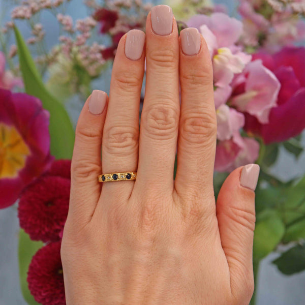 Ellibelle Jewellery Vintage 1977 Sapphire & Diamond 18ct Gold Half Eternity Band Ring