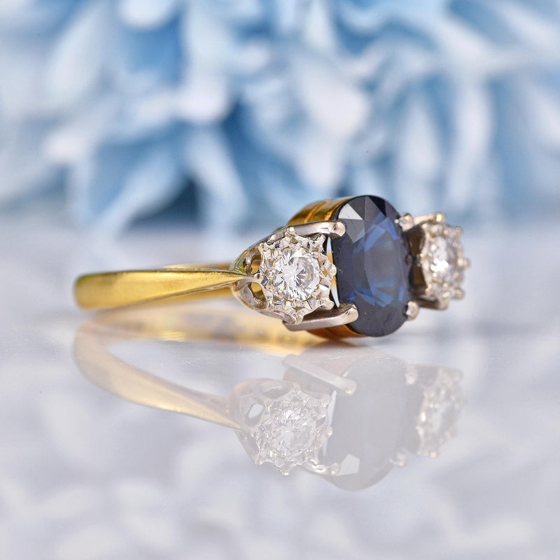 Ellibelle Jewellery Vintage 1977 Sapphire & Diamond 18ct Gold Three Stone Ring