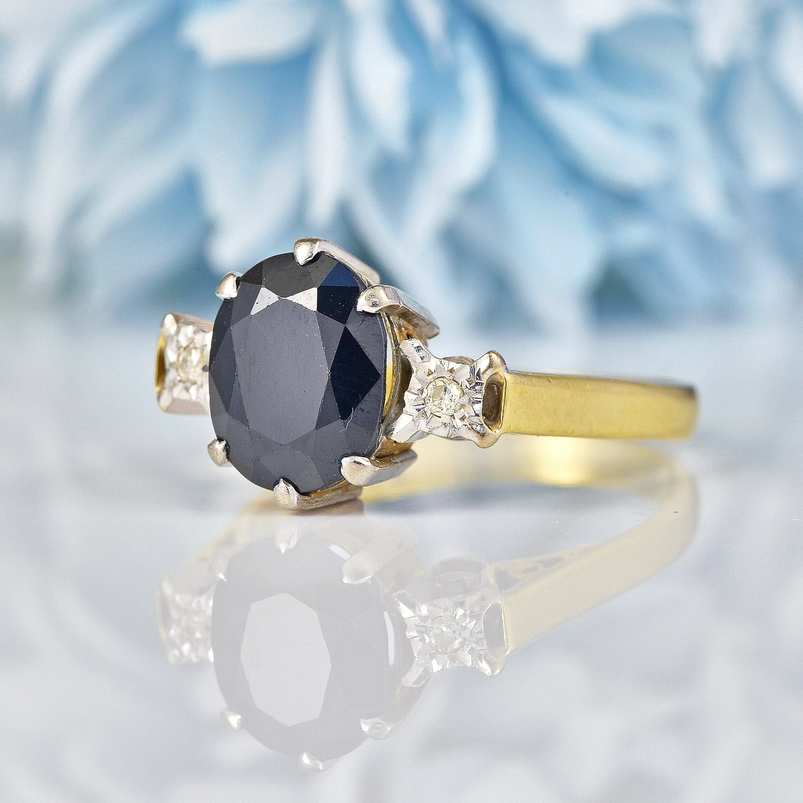 Ellibelle Jewellery Vintage 1978 Dark Sapphire & Diamond Three Stone Ring