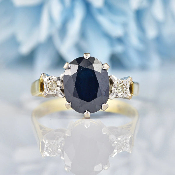 Ellibelle Jewellery Vintage 1978 Dark Sapphire & Diamond Three Stone Ring
