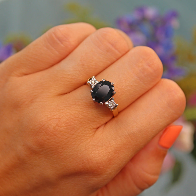 Ellibelle Jewellery Vintage 1978 Dark Sapphire & Diamond Three Stone Ring