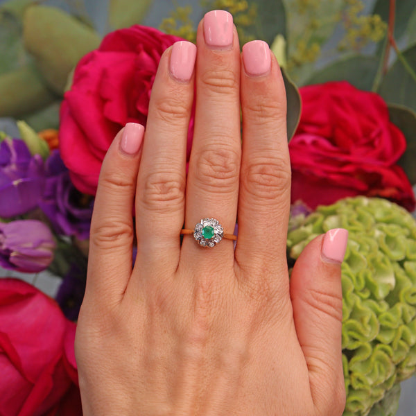 Ellibelle Jewellery Vintage 1978 Emerald & Diamond Cluster Ring