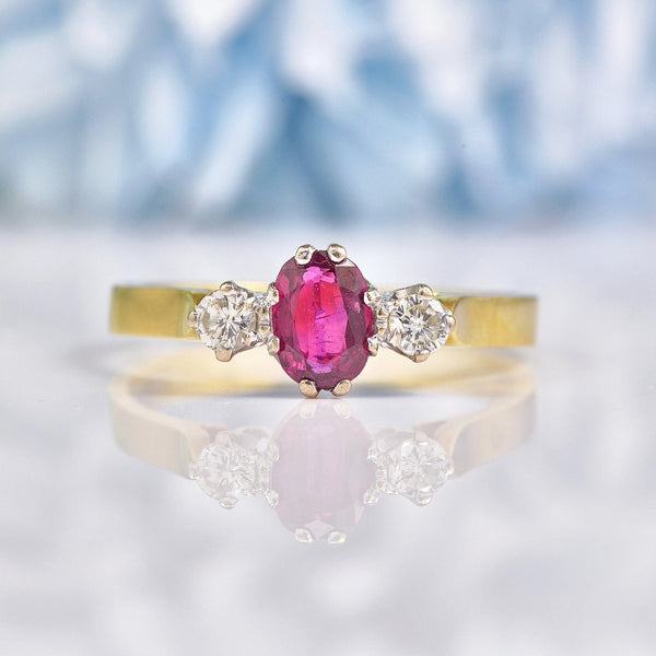 Ellibelle Jewellery Vintage 1978 Ruby & Diamond 18ct Gold Three Stone Ring
