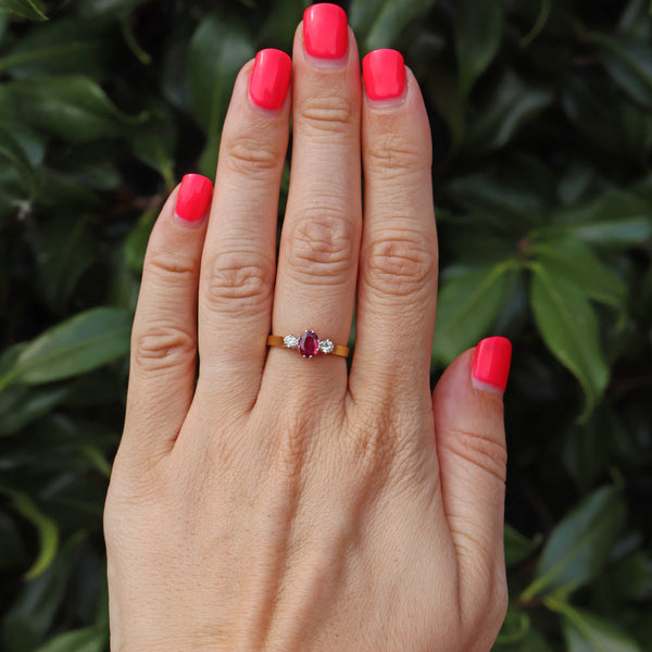 Ellibelle Jewellery Vintage 1978 Ruby & Diamond 18ct Gold Three Stone Ring