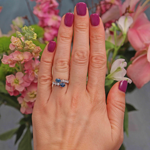 Ellibelle Jewellery Vintage 1979 Ceylon Sapphire & Diamond 18ct Gold Bypass Ring
