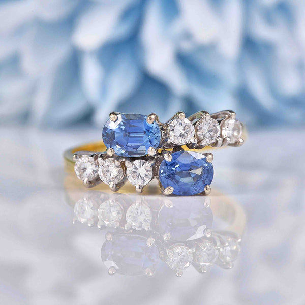Ellibelle Jewellery Vintage 1979 Ceylon Sapphire & Diamond 18ct Gold Bypass Ring