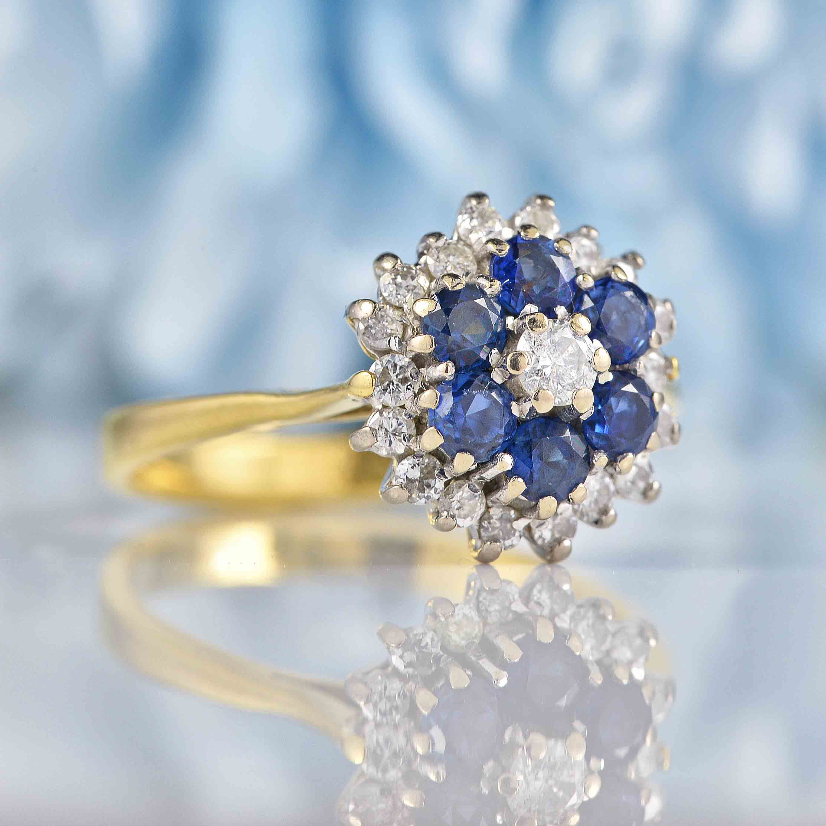 Ellibelle Jewellery Vintage 1979 Sapphire & Diamond 18ct Gold Cluster Ring