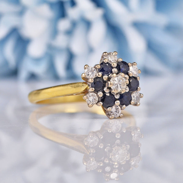 Ellibelle Jewellery Vintage 1979 Sapphire & Diamond 18ct Gold Flower Cluster Ring