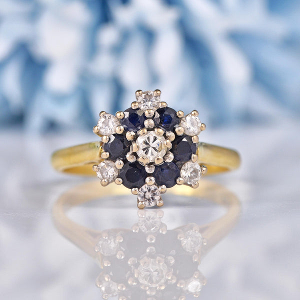 Ellibelle Jewellery Vintage 1979 Sapphire & Diamond 18ct Gold Flower Cluster Ring