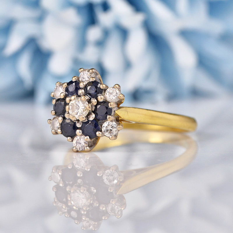 Ellibelle Jewellery Vintage 1979 Sapphire & Diamond 18ct Gold Flower Cluster Ring