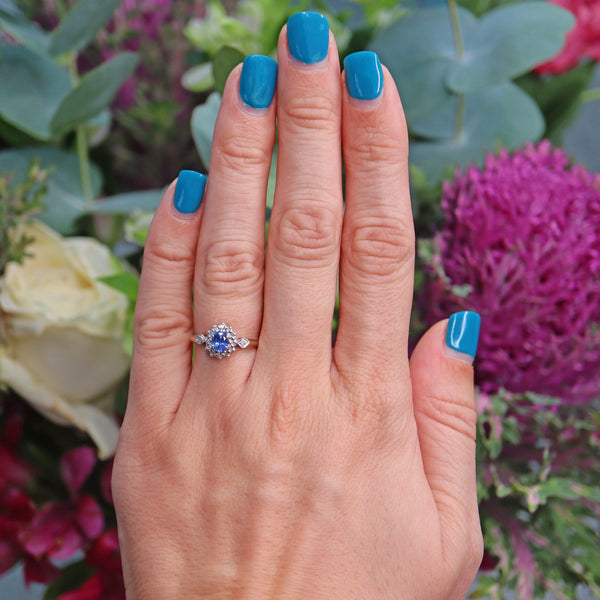 Ellibelle Jewellery Vintage 1980 Ceylon Sapphire & Diamond Cluster Ring