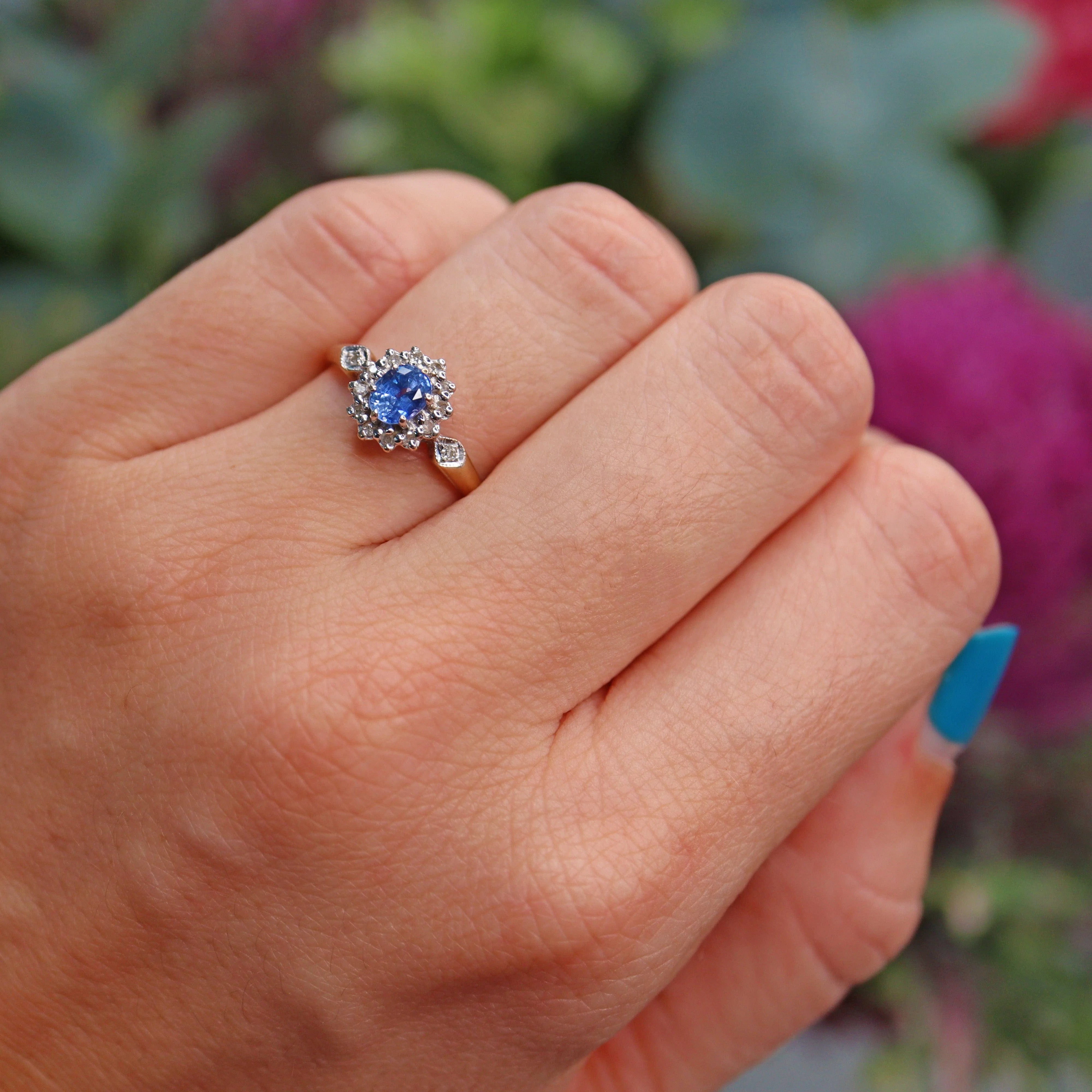 Ellibelle Jewellery Vintage 1980 Ceylon Sapphire & Diamond Cluster Ring