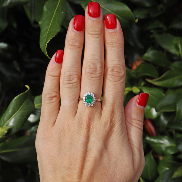 Ellibelle Jewellery Vintage 1980 Emerald & Diamond 18ct White Gold Cluster Ring