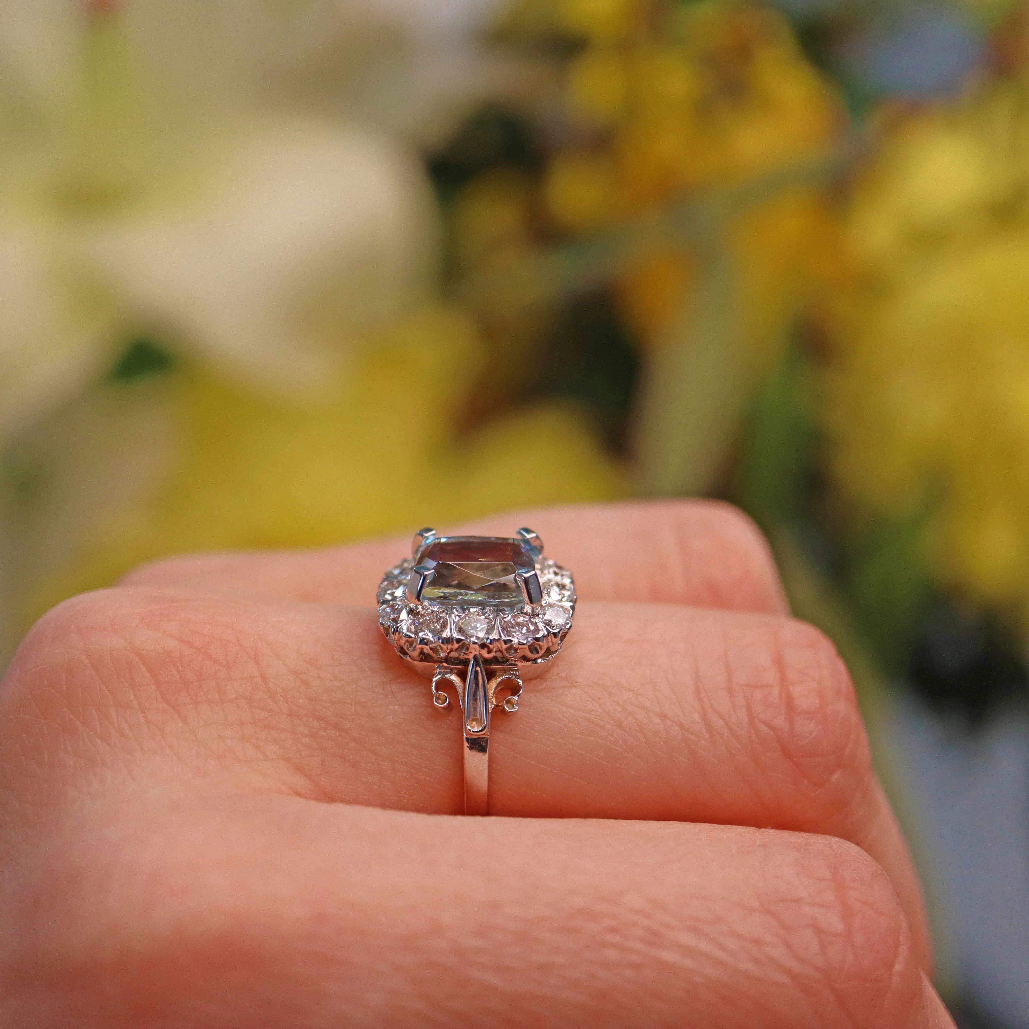 Ellibelle Jewellery Vintage 1980s Aquamarine & Diamond White Gold Cluster Ring