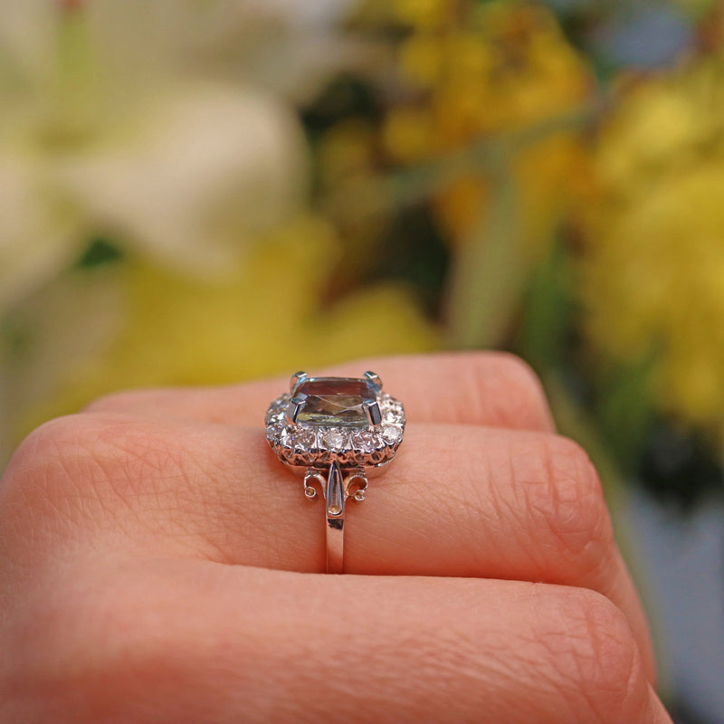 Ellibelle Jewellery Vintage 1980s Aquamarine & Diamond White Gold Cluster Ring
