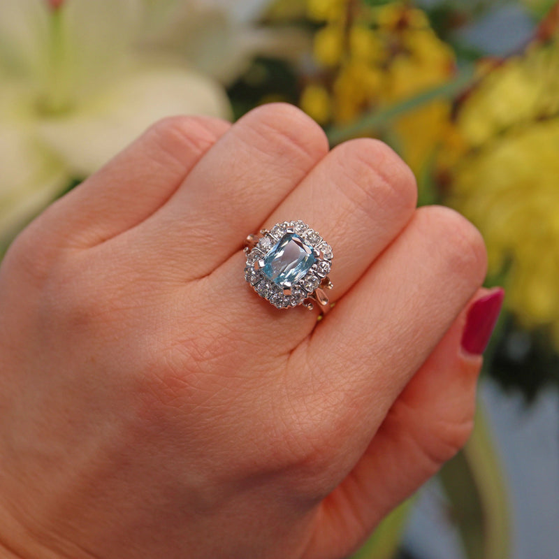 Ellibelle Jewellery Vintage 1980s Aquamarine & Diamond White Gold Cluster Ring
