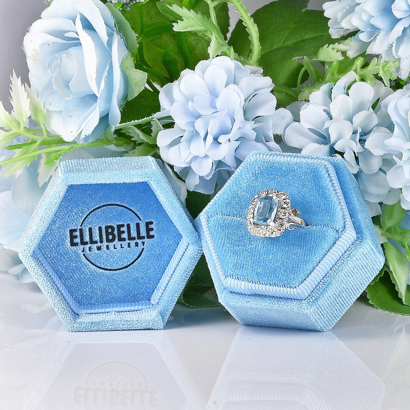 Ellibelle Jewellery Vintage 1980s Aquamarine & Diamond White Gold Cluster Ring