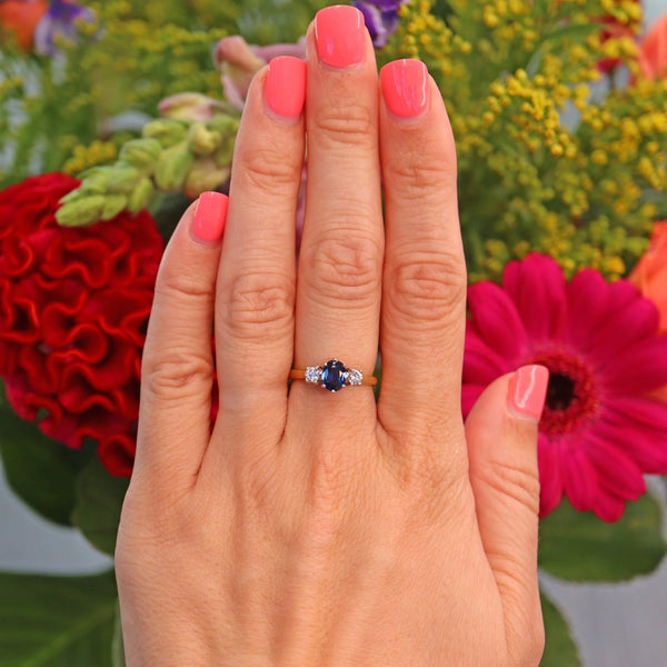 Ellibelle Jewellery Vintage 1980s Blue Sapphire & Diamond Three Stone Ring