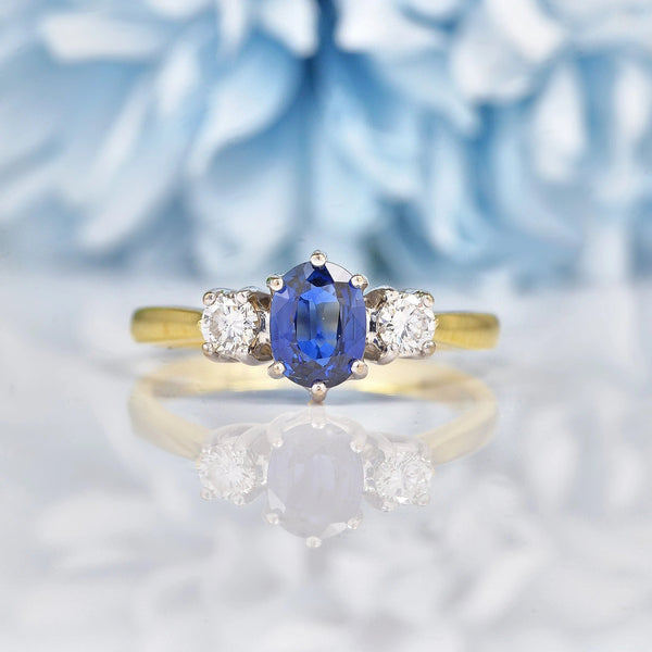 Ellibelle Jewellery Vintage 1980s Blue Sapphire & Diamond Three Stone Ring