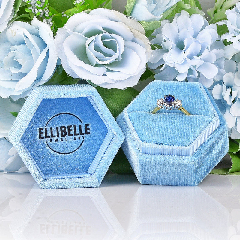 Ellibelle Jewellery Vintage 1980s Blue Sapphire & Diamond Three Stone Ring