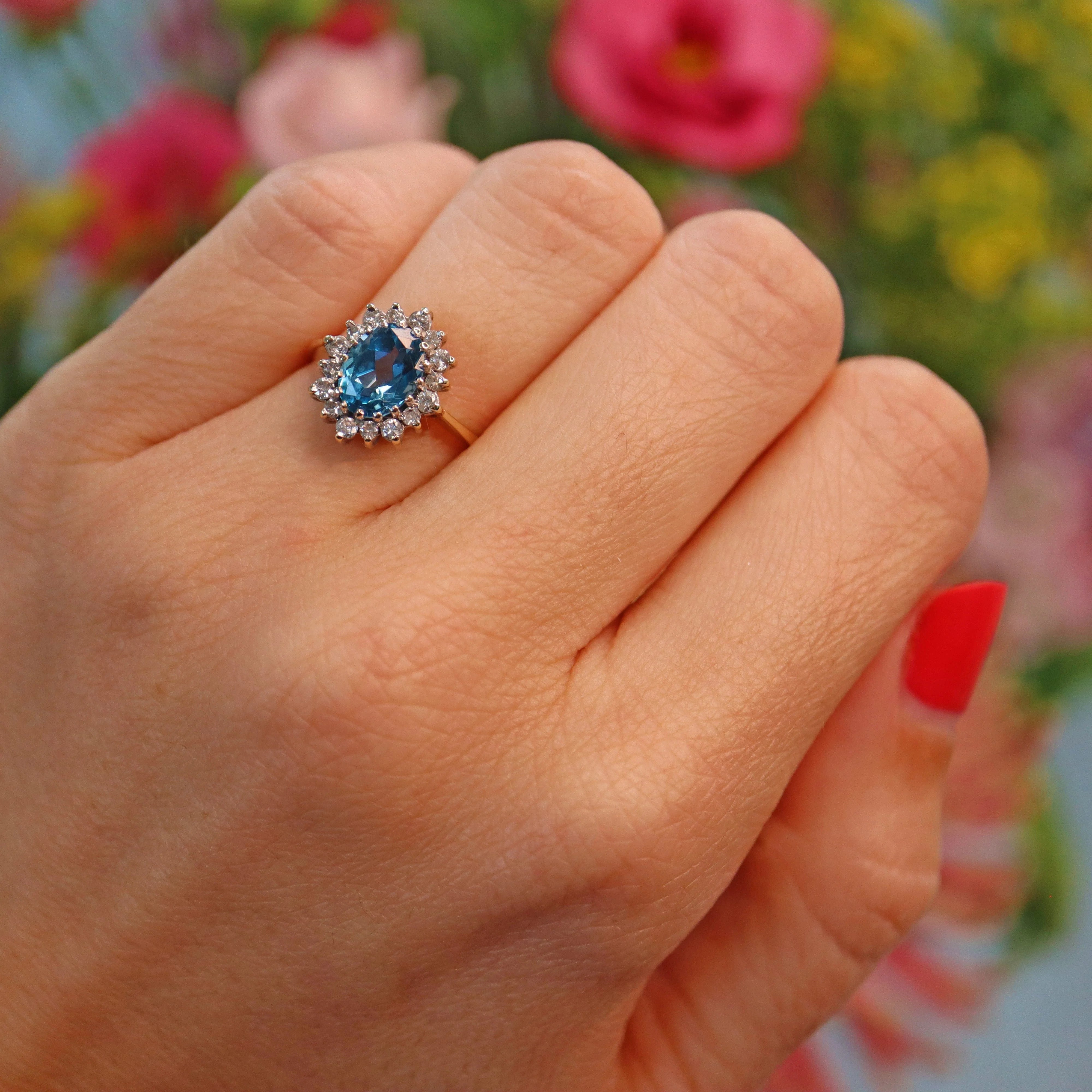 Ellibelle Jewellery Vintage 1980s Blue Topaz & Diamond Gold Cluster Ring