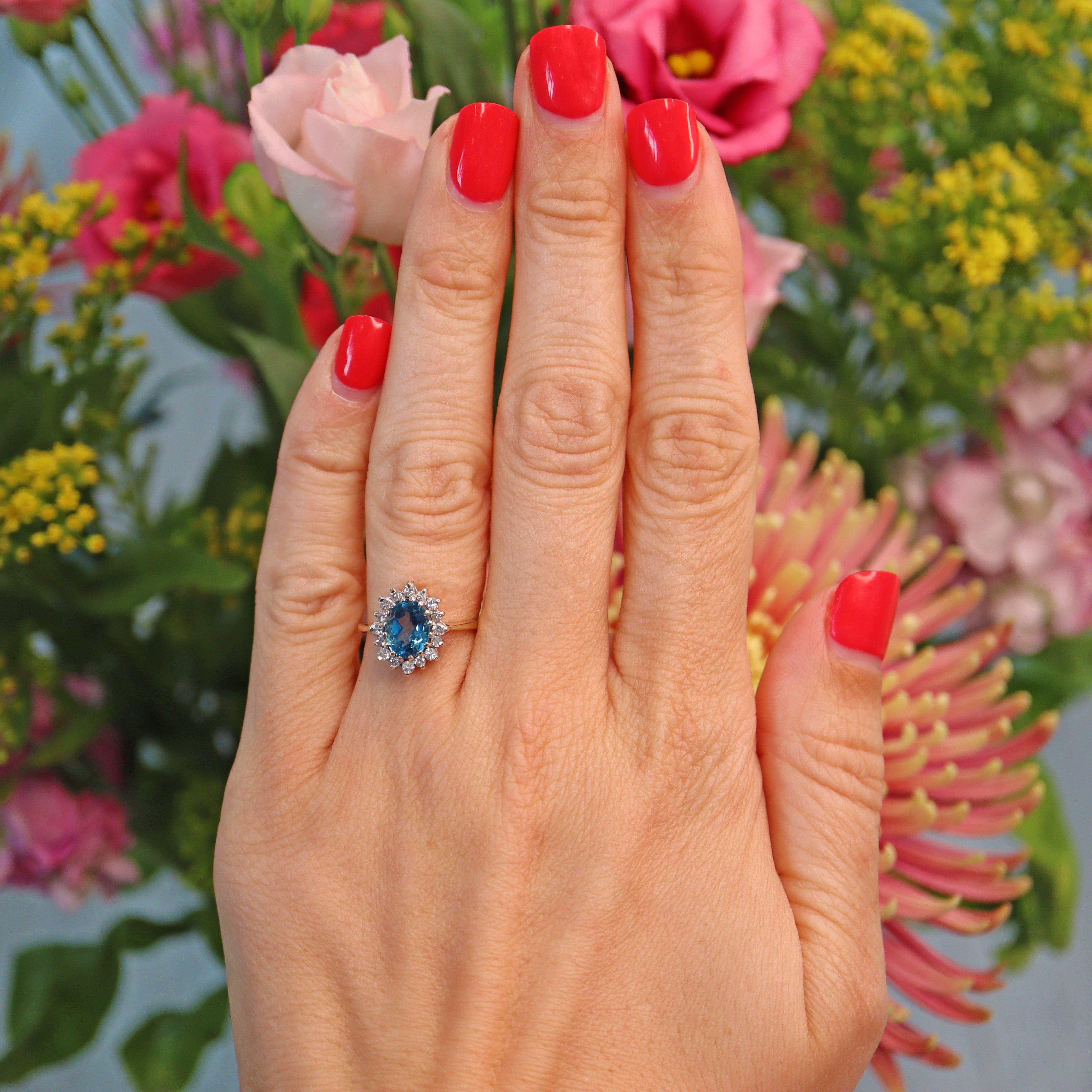 Ellibelle Jewellery Vintage 1980s Blue Topaz & Diamond Gold Cluster Ring