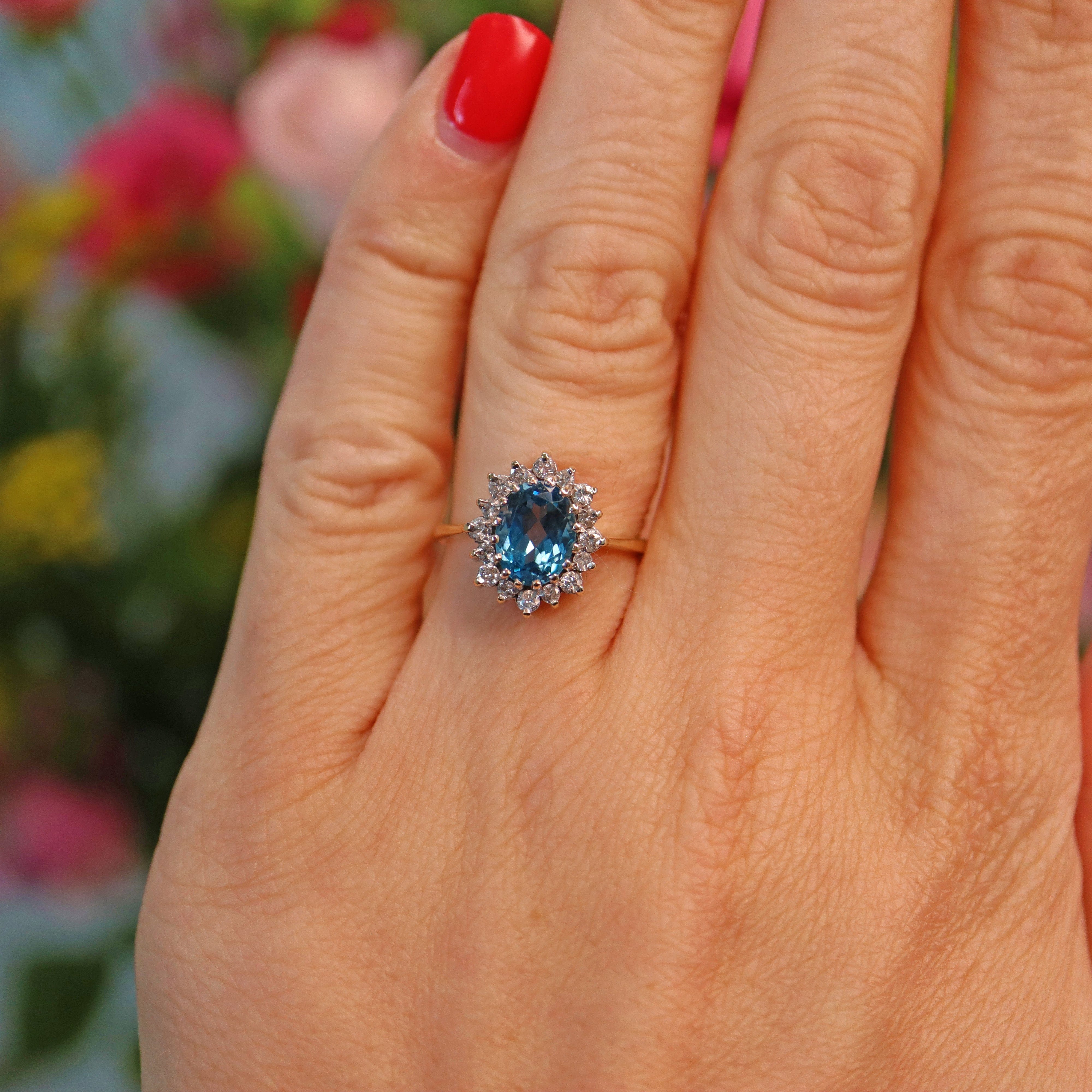 Ellibelle Jewellery Vintage 1980s Blue Topaz & Diamond Gold Cluster Ring