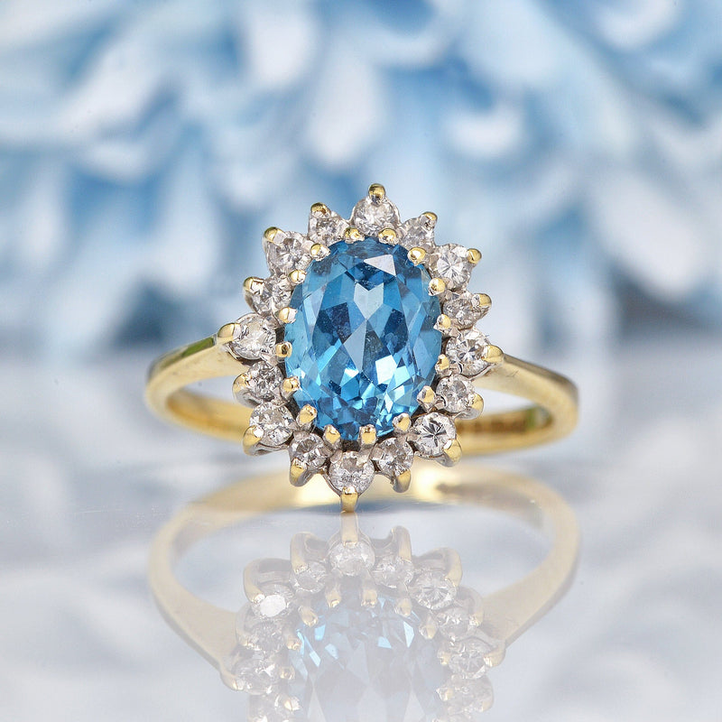 Ellibelle Jewellery Vintage 1980s Blue Topaz & Diamond Gold Cluster Ring