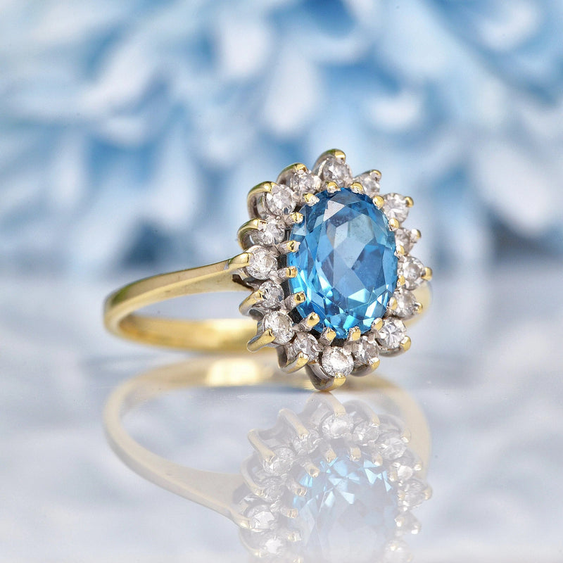 Ellibelle Jewellery Vintage 1980s Blue Topaz & Diamond Gold Cluster Ring