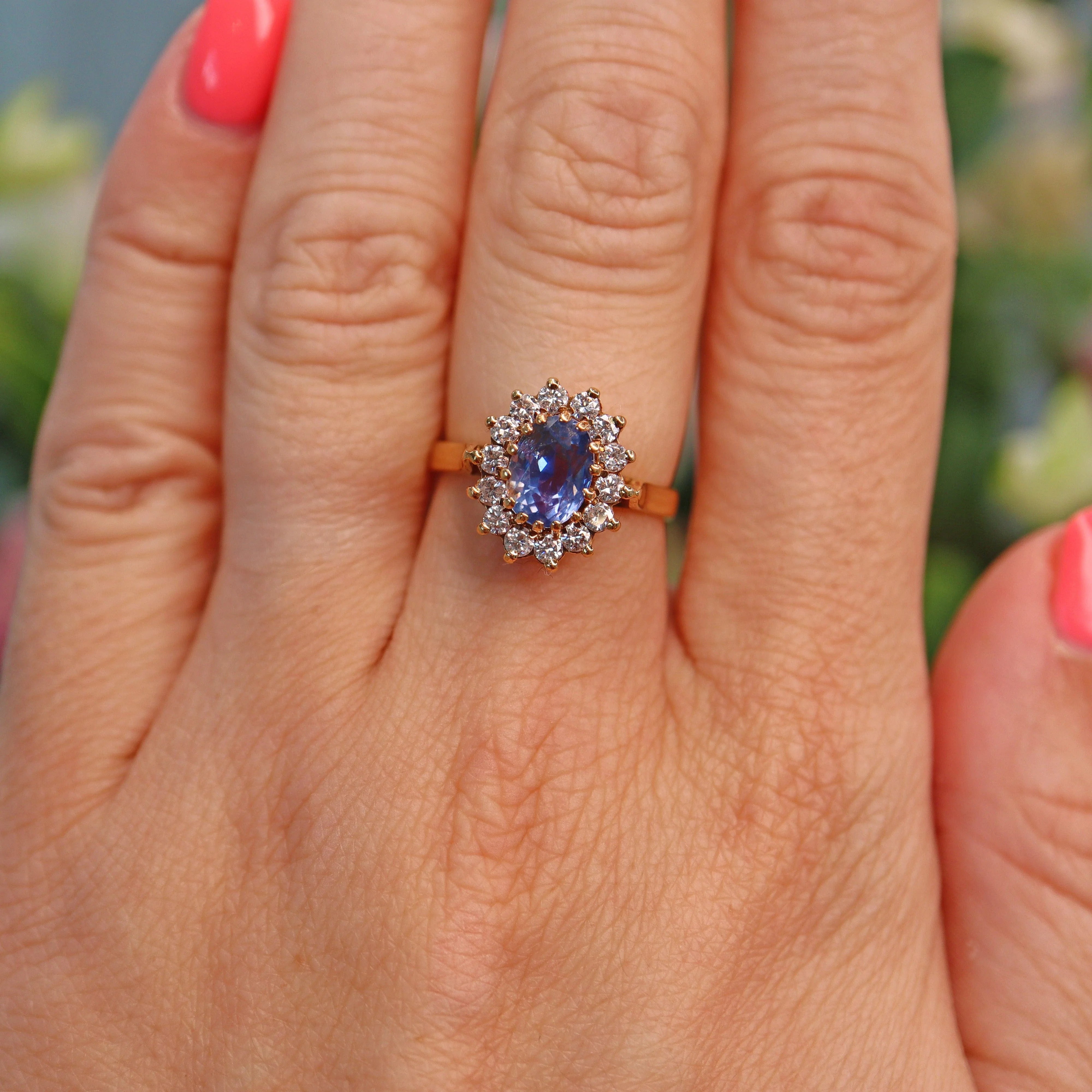 Ellibelle Jewellery Vintage 1980s Ceylon Sapphire & Diamond Cluster Ring
