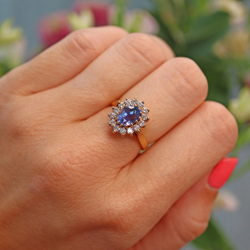 Ellibelle Jewellery Vintage 1980s Ceylon Sapphire & Diamond Cluster Ring