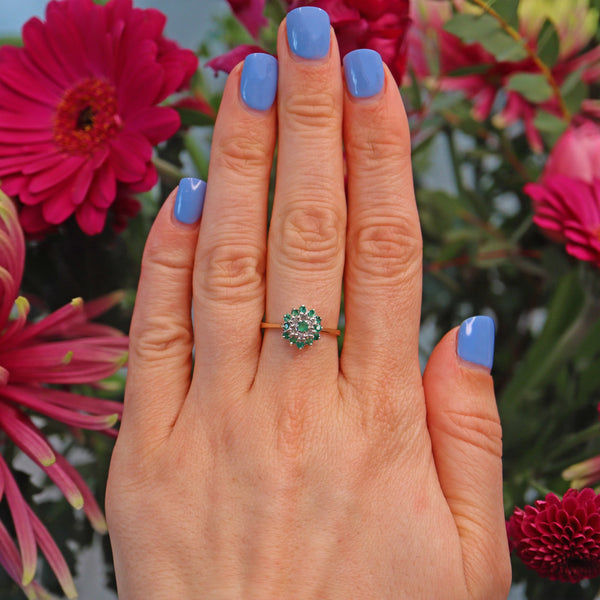 Ellibelle Jewellery Vintage 1980s Emerald & Diamond 9ct Gold Cluster Ring