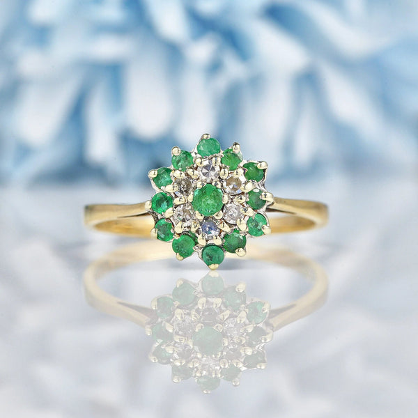 Ellibelle Jewellery Vintage 1980s Emerald & Diamond 9ct Gold Cluster Ring